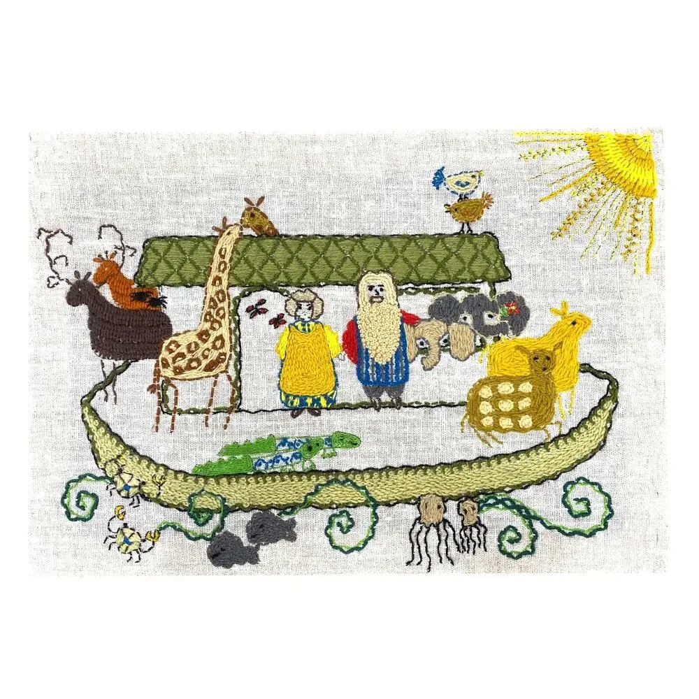 Vintage 1970s Embroidered Noah’s Ark Crewel Stitch Folk Art Nursery Picture